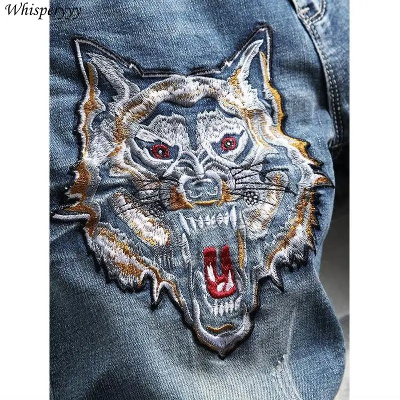 ウルフヘッド刺繍デニムショーツメンズストリートカジュアル 5 点パンツヒップホップ夏弾性スリムジーンズミドルパンツ男性