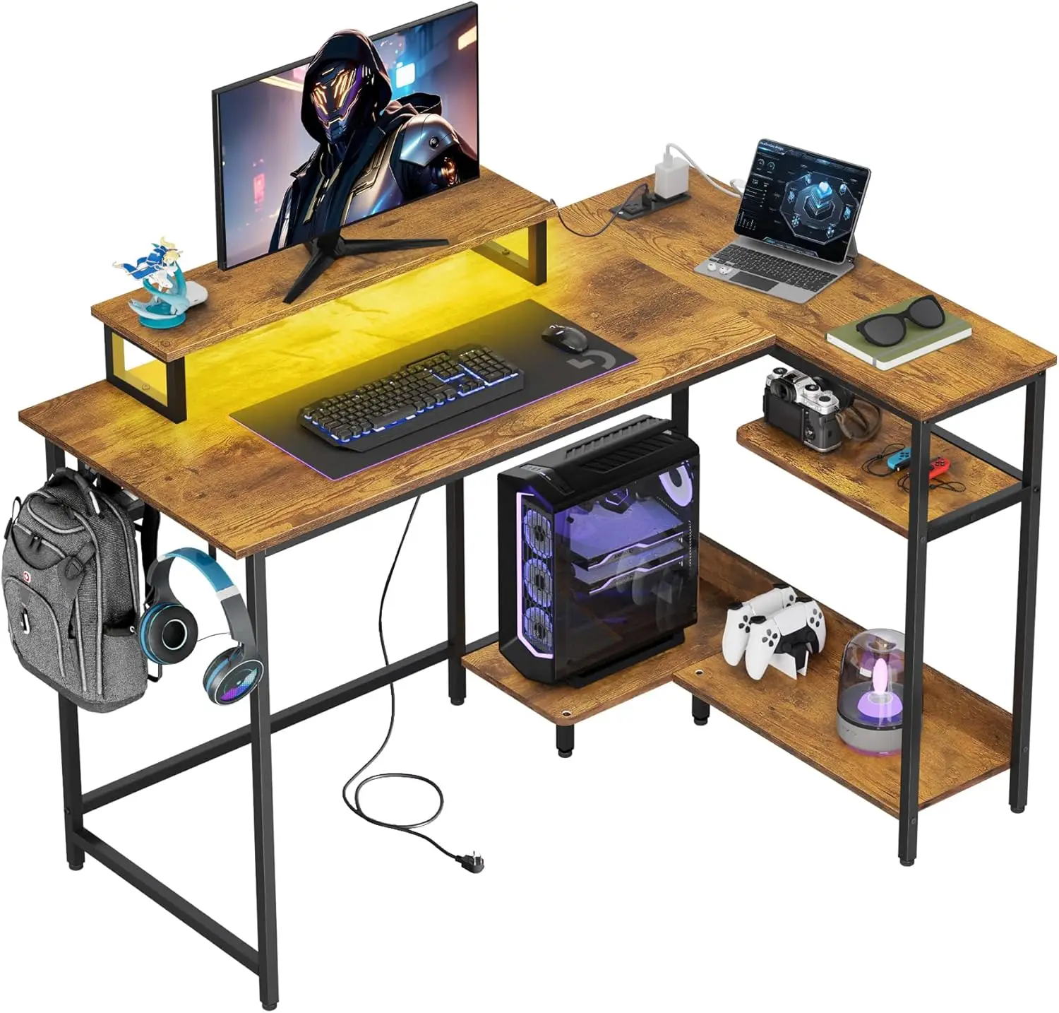 

47 Inch L-Shaped Gaming Desk with LED Lights, Power Outlets, Storage – Rustic Brown Corner PC Desk for Small Spaces