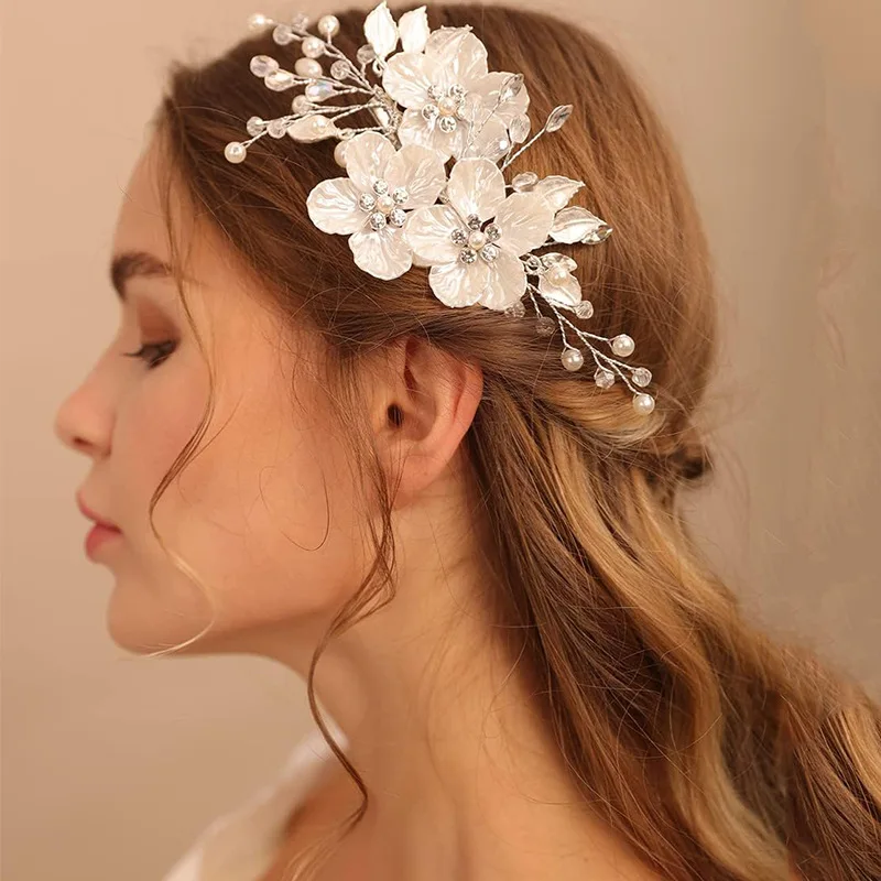 

Rhinestone Bride Wedding Hair Piece Silver Pearl Hair Clip Crystal Flower Headpiece Bridal Hair Accessories for Women