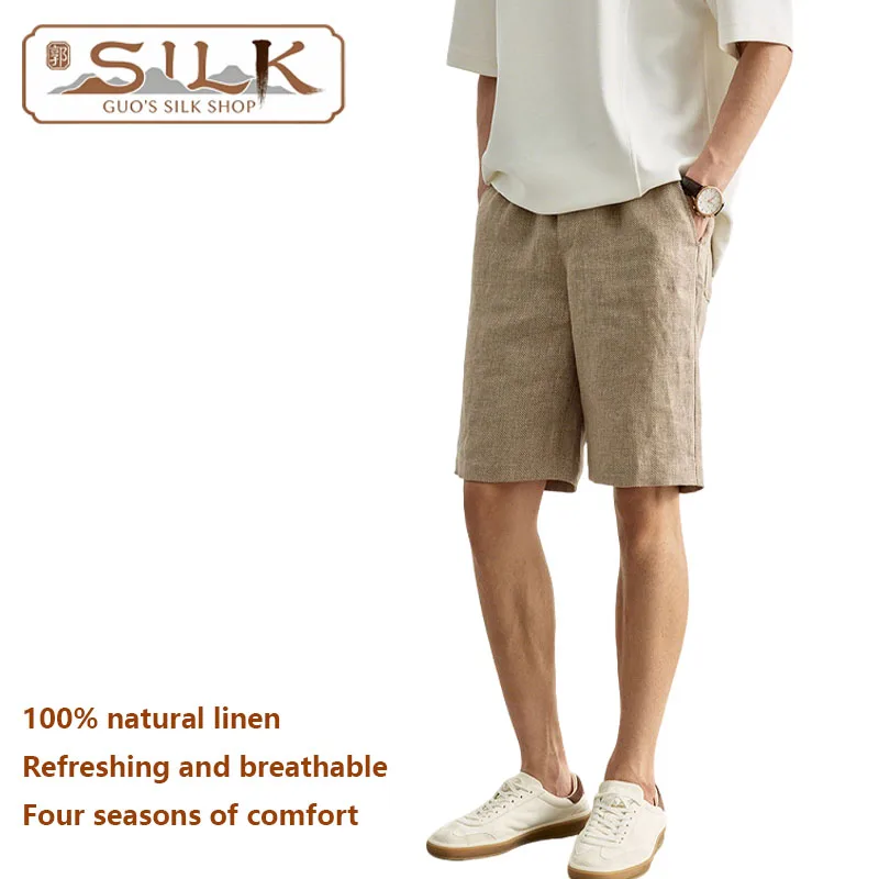 

High-end Natural Pure Linen Men's Five-Piece Pants Stretch Waist Straight Pants Suitable for Outdoor Leisure Spring Summer Cool