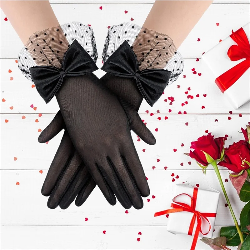 

Women Mesh Gloves Wedding Tea Party Gloves Tulle Bow Short Gloves Prom Opera Bridal Accessories