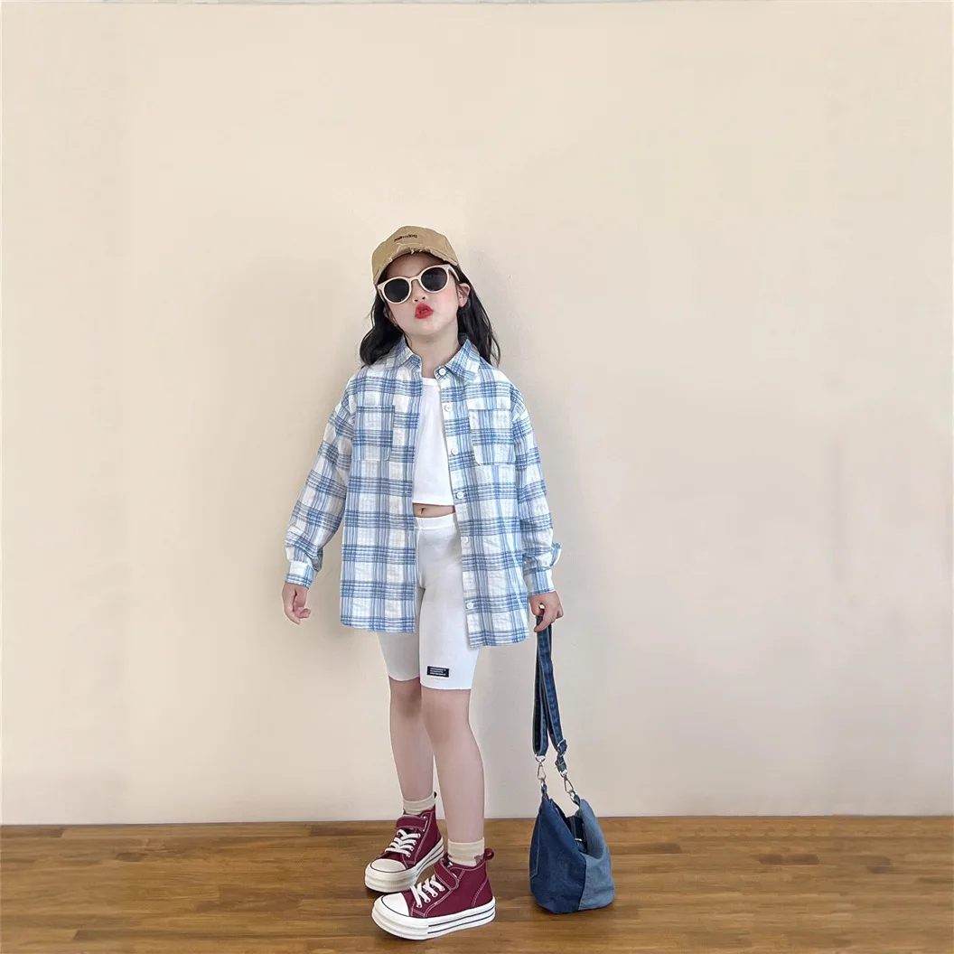 Korean Girls' Spring and Autumn Boys and Girls' Blue Plaid Arc Pendulum Long-sleeved Shirt White Cycling Pants Single Shot