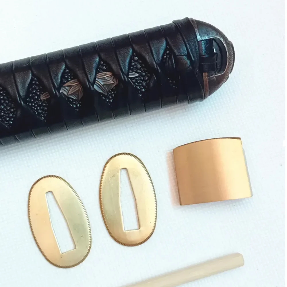 27cm Tsuka Handle Tsuba Black Imitated Rayski with Black leather Ito For Japanese Samurai Sword Katana/Wakizashi Fittings