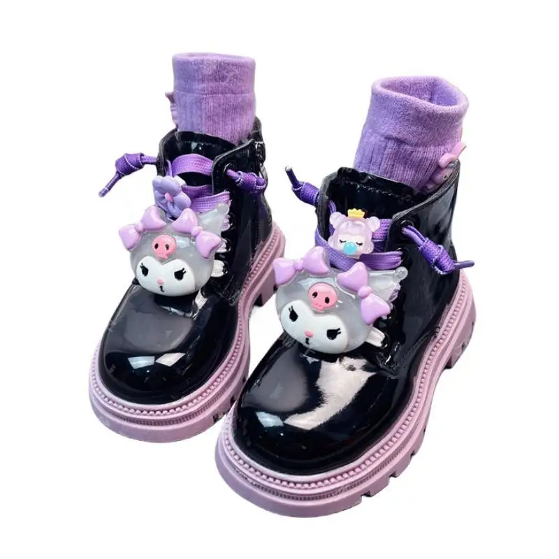 Anime Kawaii Sanrio My Melody Kuromi Velvet Warm Girl Martin Boots British Style Soft Sole Anti-Slip Cartoon Cute Kid Short Boot