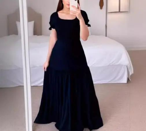 

2025 Hot Selling Commuter Solid Color Square Collar Patchwork Long Dress