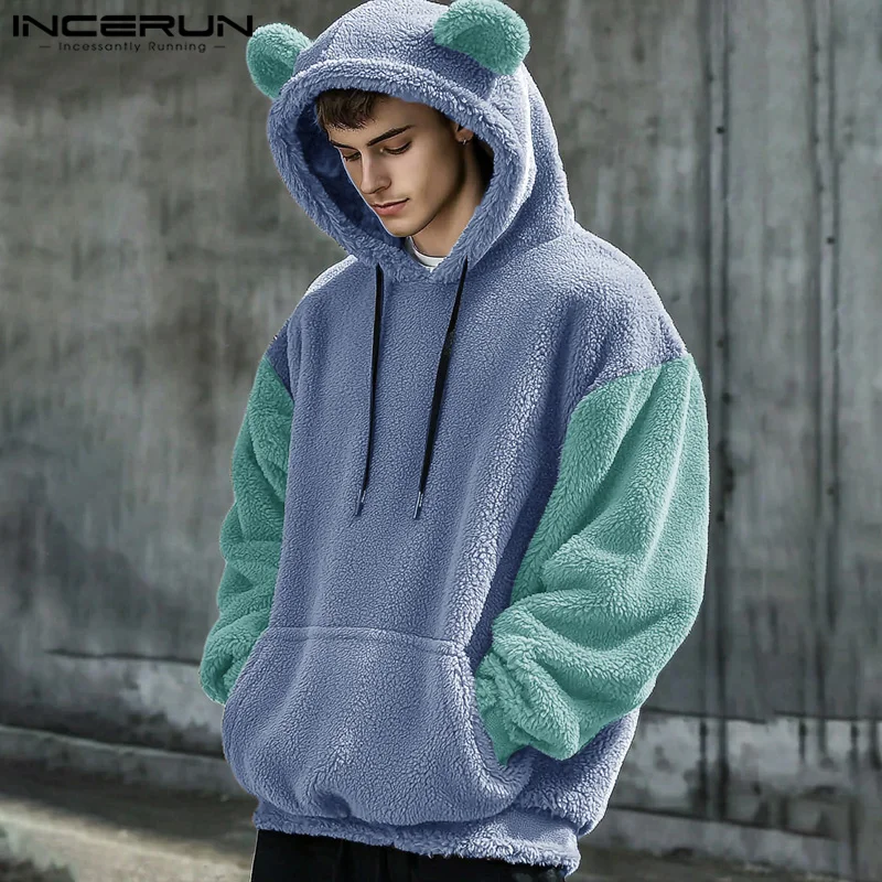 INCERUN Tops 2024 American Style Fashion Men Solid Fleece Funny Bear Ear Hooded Sweatshirts Male Streetwear Long Sleeved Hoodies