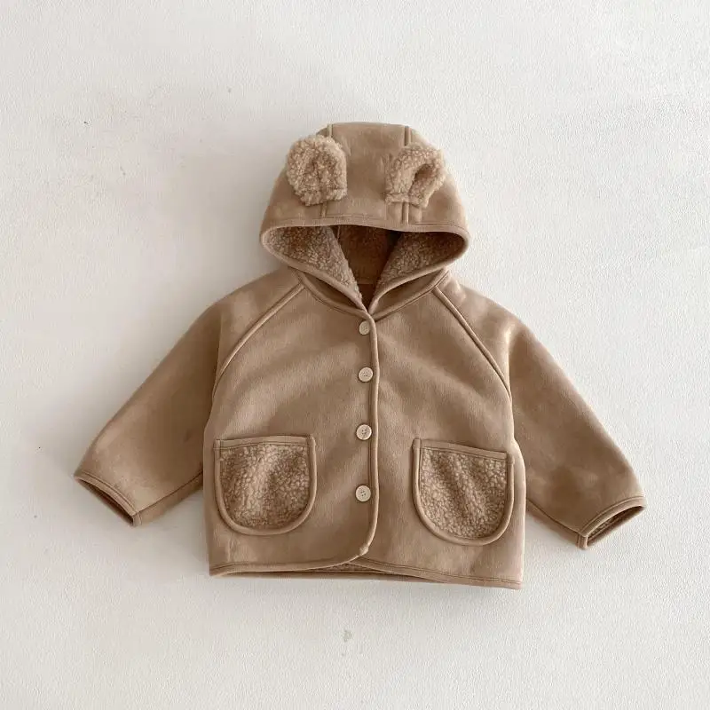 

2025 Winter New Baby Girl Cute Bear Ear Lamb Fleece Coat Kids Boys Warm Cotton Padded Jacket Solid Toddler Casual Coat