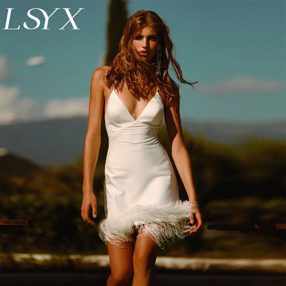 LSYX-vestido de noiva sem mangas para mulheres, mini vestido de noiva, decote em v profundo, costas abertas, acima do joelho, curto, personalizado, 2 peças