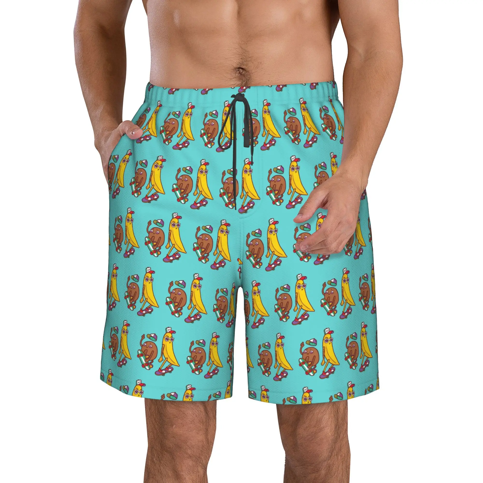 Fun Banana Playing Skateboard Pattern Trunks Beach Board Shorts Casual Quick Dry Swim Summer Men Pants