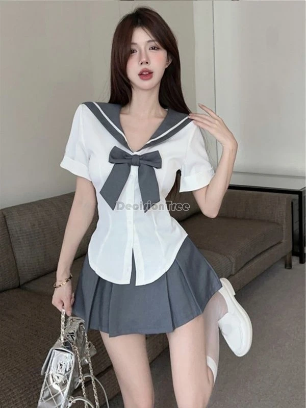 

2024 summer korean style academy uniform japanese style spicy girl jk uniform sailor collar bow shirt high waist pleated skirt