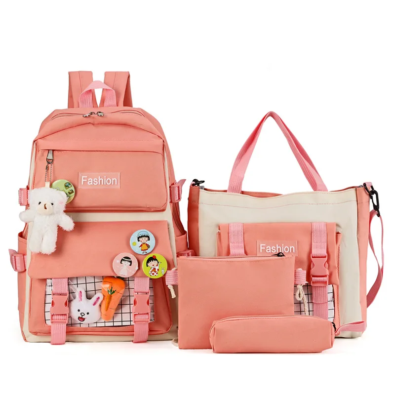 Mochila de Grande Capacidade com Presentes para Meninas, Leve, Bonito, Mochila Kawaii para Crianças, Mochilas escolares, 4 Pcs Set