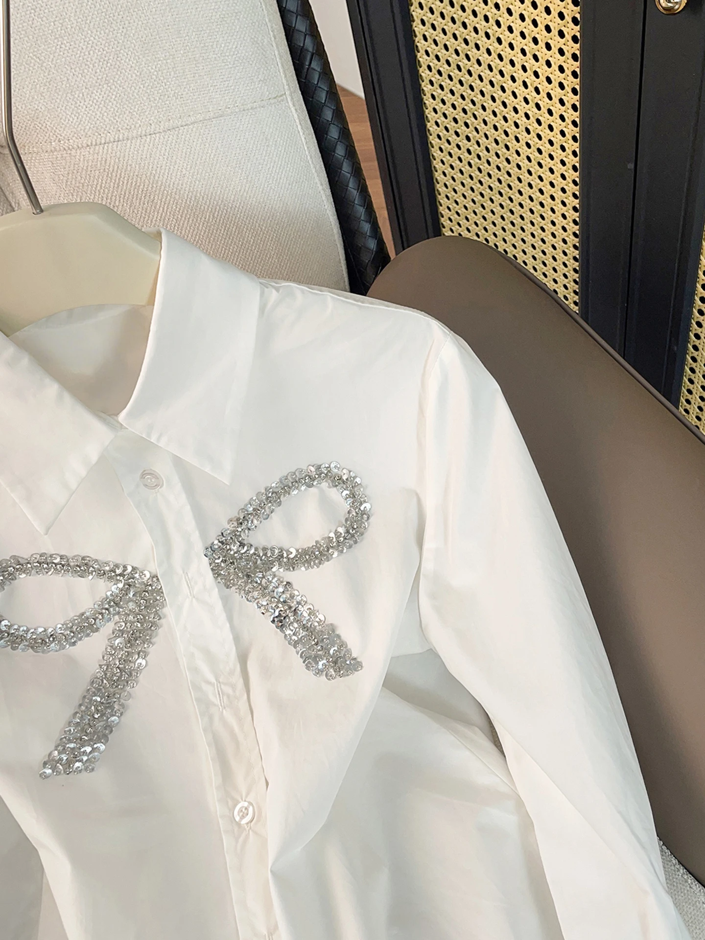 Ele White Long Sve Damen Irt Knot Pailletten High End Faion Herbst Winter New Sle Commute Sle Straight...