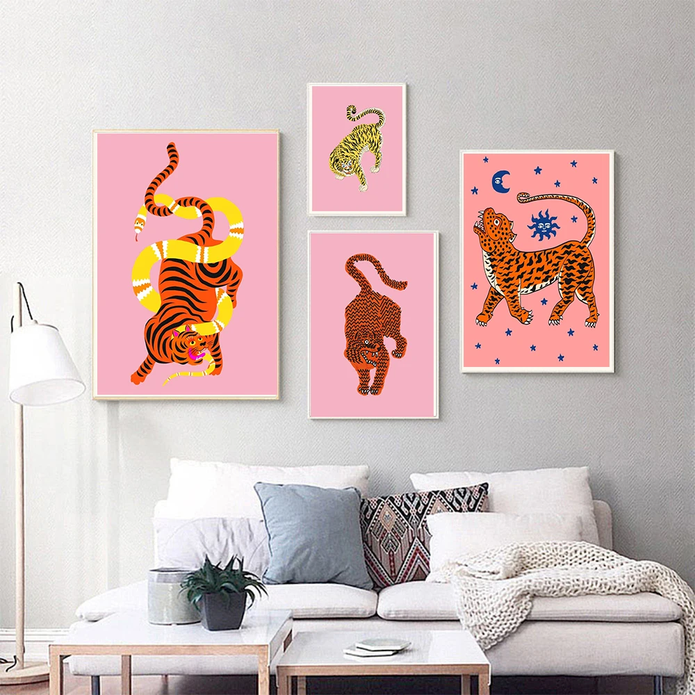 DIY Digital Oil Painting Cartoon Animal Pink Blue Yellow Wild Tiger Dragon Handpainted Wall Living Room Home Decors Unique Gift