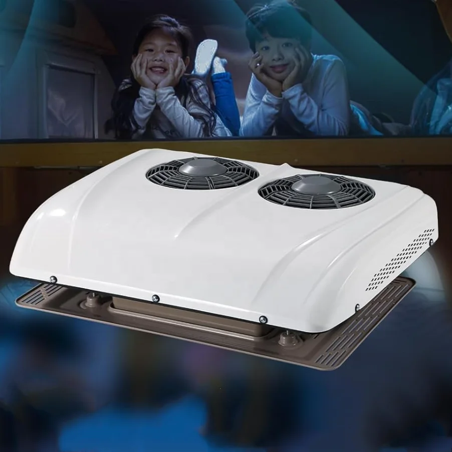 

12 В 24 В новый кондиционер для автодома с двойным вентилятором, универсальный высокопроизводительный кондиционер для грузовиков, автобусов, столовых автомобилей, электрический парковочный кондиционер