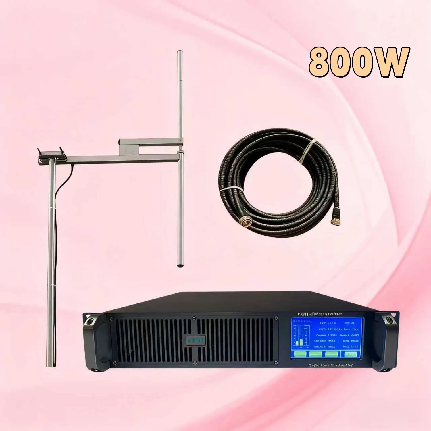 

HP- 2U Professional 800W FM Broadcast Kit: High-End Transmitter with Touch Screen, 1-Bay Antenna for Wide Coverage & 30m Cable