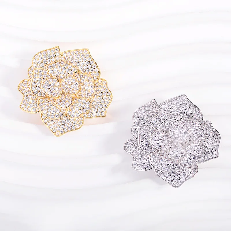 Chinese Style Auspicious Lucky Camellia Full Pave Zircon Brooch Elegant Chic Lapel Pin For Women Daily Commute Wear Gold Silver