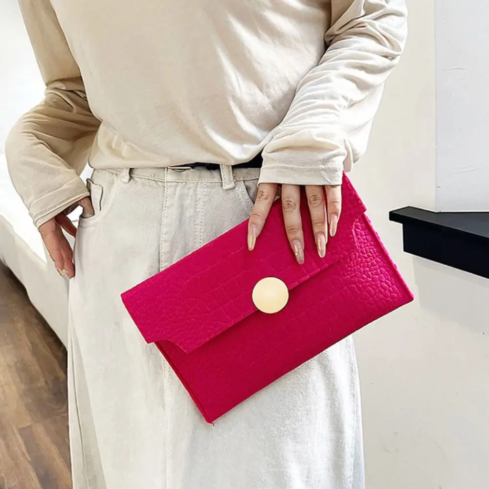 Pu Leather Envelope Evening Bag Korean Style Solid Color Ladies Clutch Bag Buckle Felt Crocodile Pattern Handheld Bag Girls