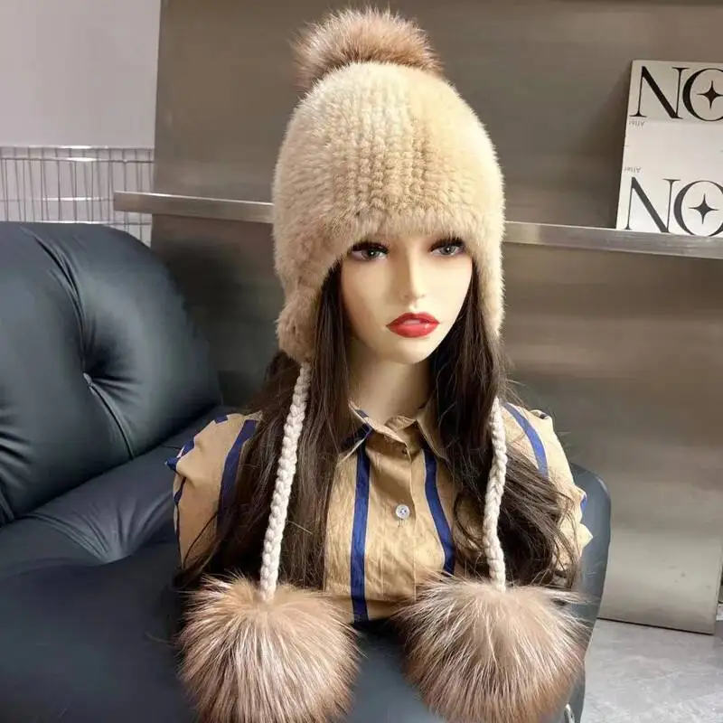 Real Mink Fur Hat Women's Double-sided Elastic Knitted Caps Casual Warmth Ear Protection Hat With Fox Fur Ball Natural Fur Hats