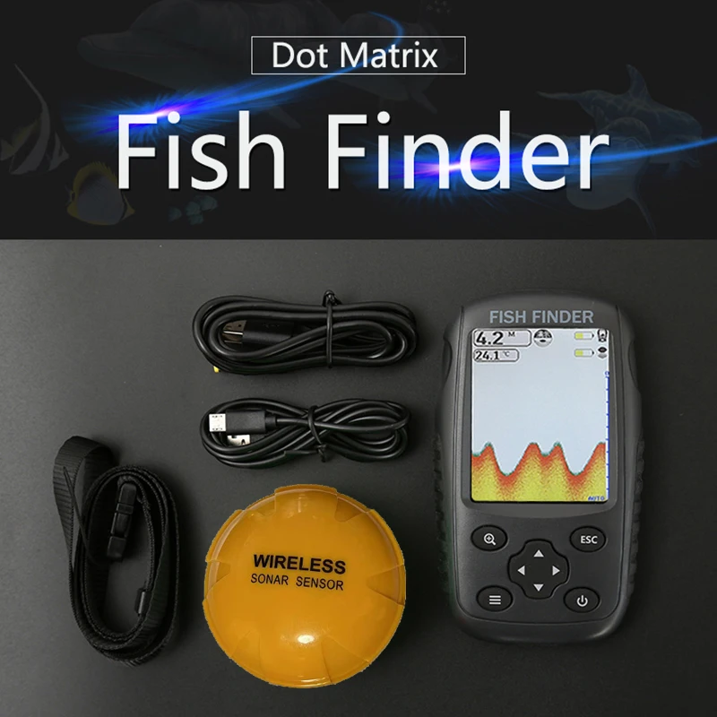 Gloednieuwe Kleurrijke Draadloze Fish Finder Dot Matrix Sonar Sensor Transducer Diepte Echolood Opgeladen Batterij