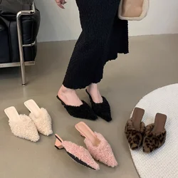 Women Fur Slipper Winter Pointed Toe Fashion Warm Plush Shallow Slip On Ladies Elegant Mules Shoes Thin Low Heels Mujer Slipper