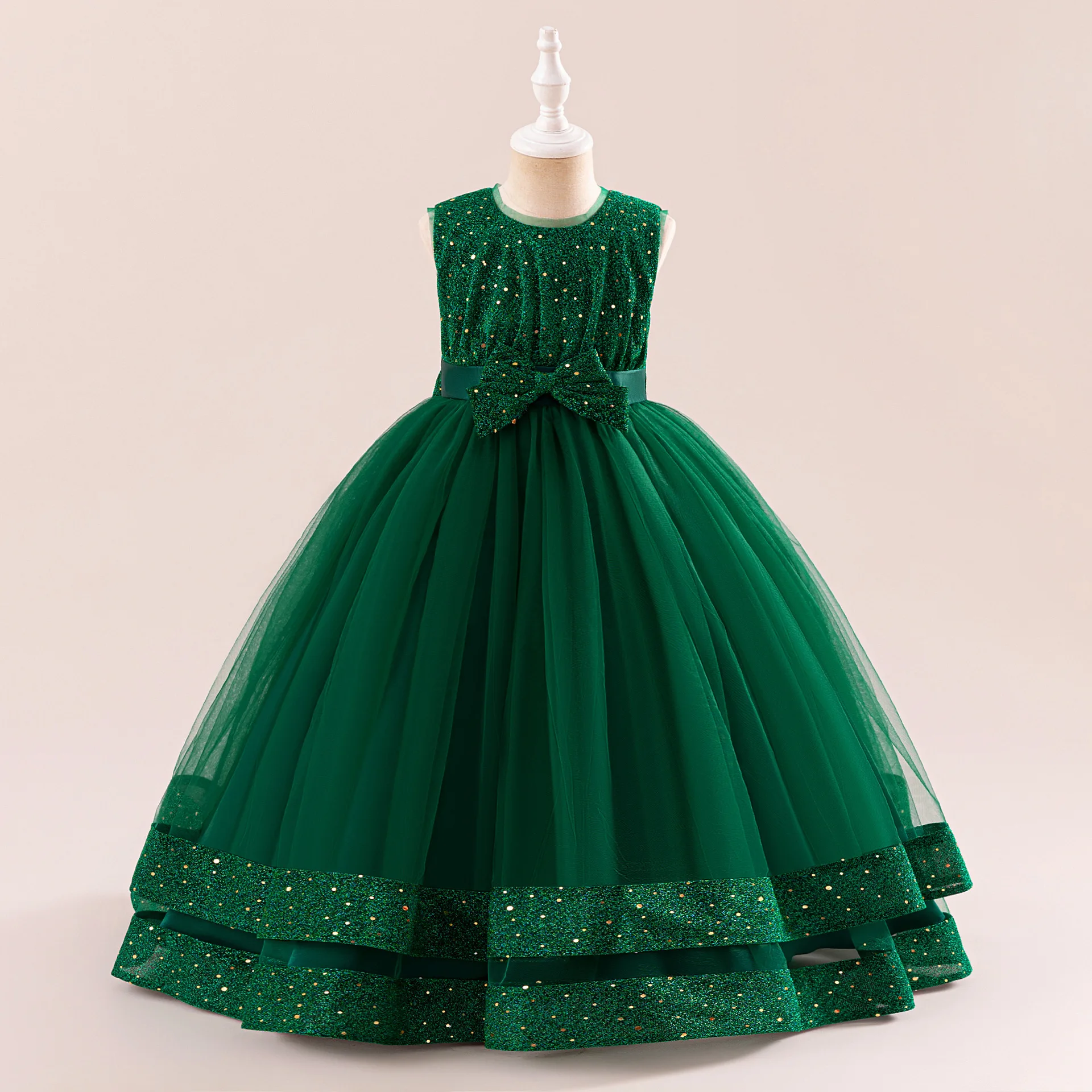 Luxury Party Dress For Children Sequins Bow Long Princess Dress For Teens Girls Christmas Ceremony New Year Formal Pageant Gown