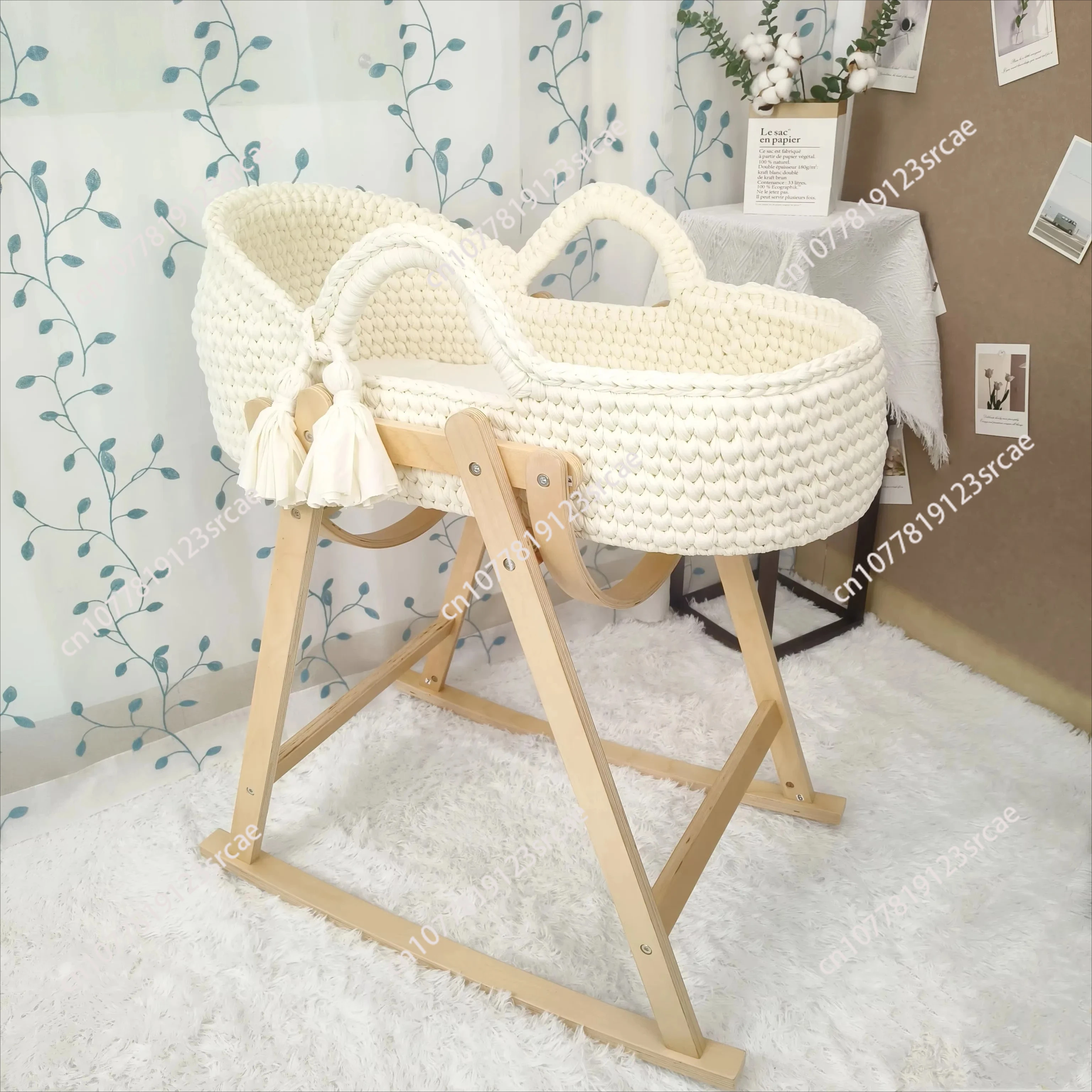 مهد الطفل المنسوجة يدويا البيج الكروشيه السرير المحمولة موسى سلة الوليد المتسكع مع حامل خشبي ومرتبة ناعمة