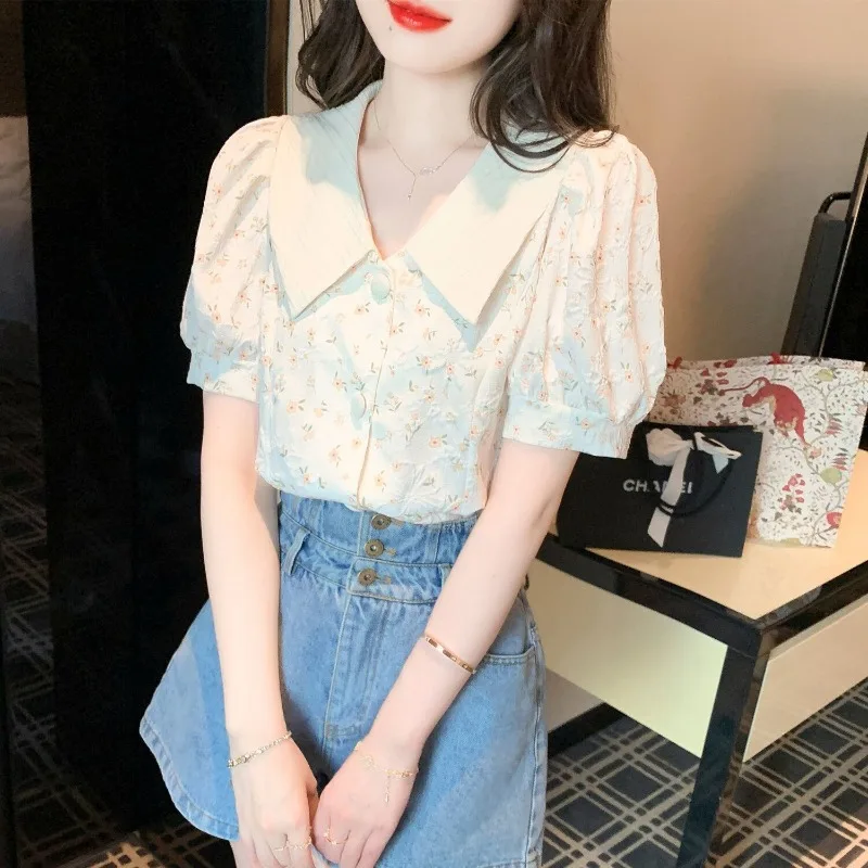 Women\'s Spring and Summer 2024 Fashion Commuter Doll Neck Printed Blouses Sweet Bubble Sleeve Cardigan Button Chiffon Shirts