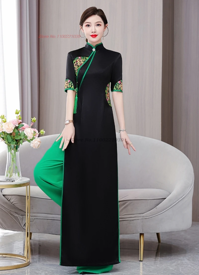 2024 vietnam traditional aodai dress+pants set national flower embroidery improved qipao oriental banquet party evening dress