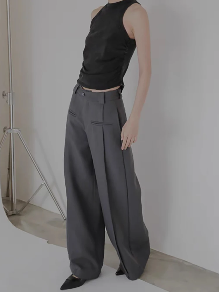 PBAP خمر مطوي رمادي دعوى السراويل النساء الصلبة لصق جيوب عالية الخصر ثنيات واسعة الساق السراويل الطويلة الصيف ملابس كاجوال #5