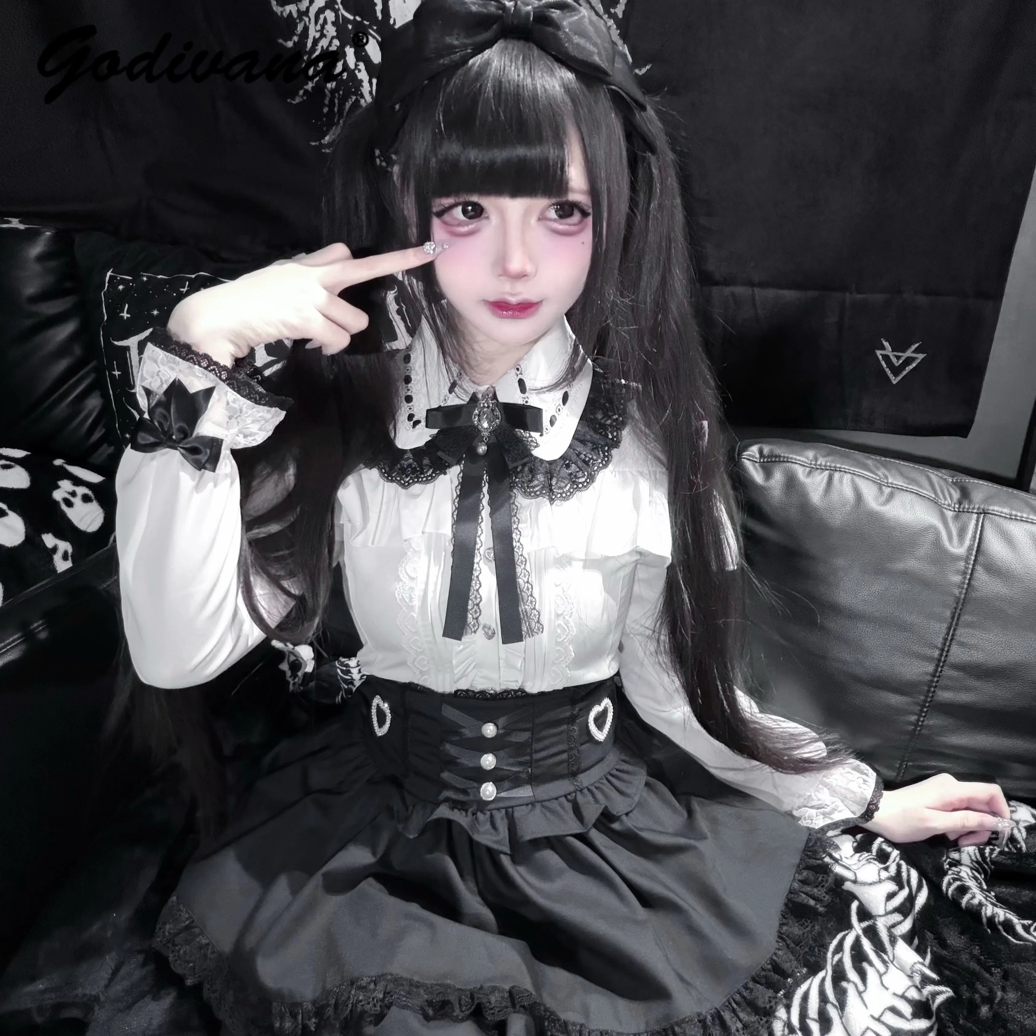 

Japanese Style Sweet Girl Women's Lace Bow Long Sleeve Lolita Shirt High Waist Short Skirt 2 Piece Set New Spring Outfits