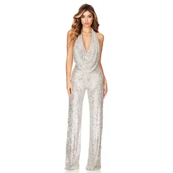 Elegant Women Slim Trousers Temperament V Neck Sexy Sequined Jumpsuits One Piece Trousers Sequined Solid Femme Party Clothing