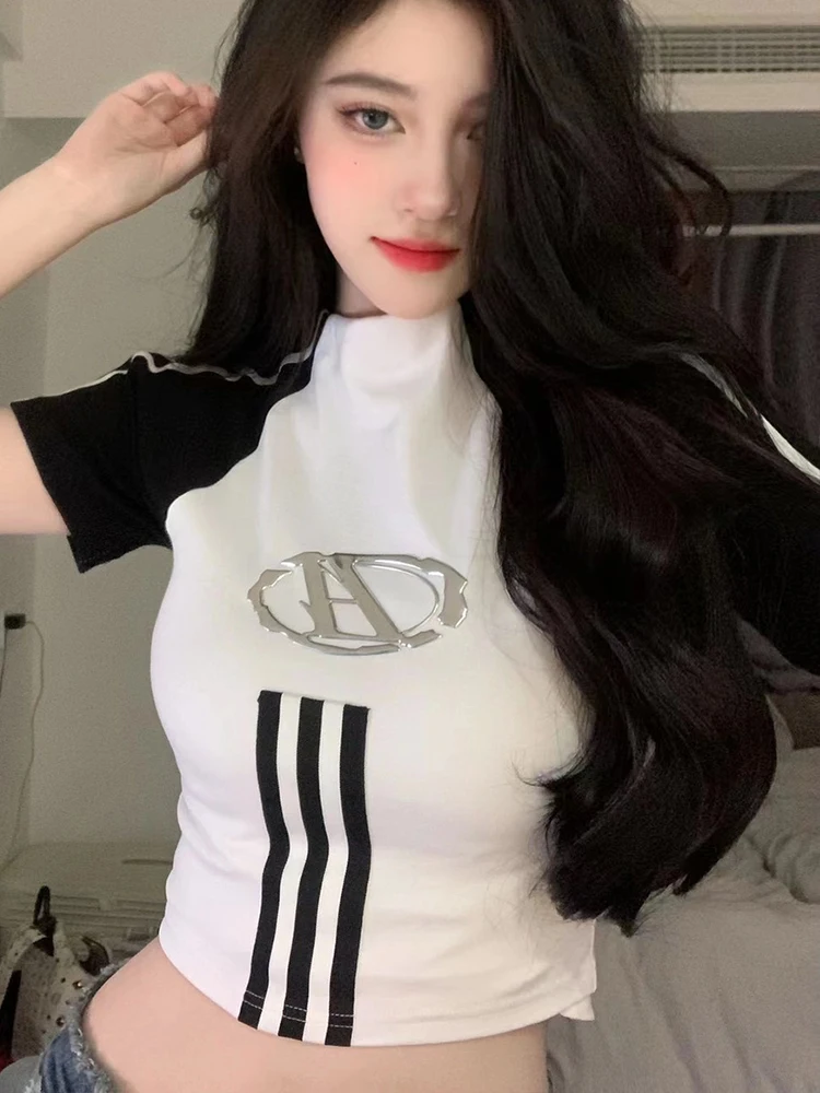 Korean Fashion T-shirt Women Summer Short Sleeve Striped Patchwork Crop Top American Retro Hot Girl Harajuku Y2k Slim Tops Tees