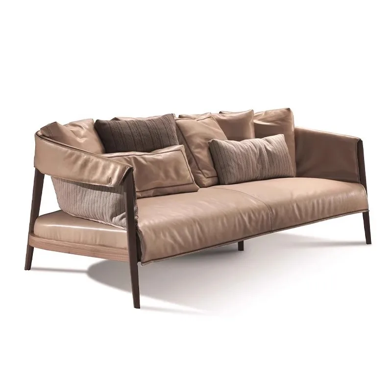 

Leather art minimalist solid wood leather sofa, living room small apartment black walnut sofa
