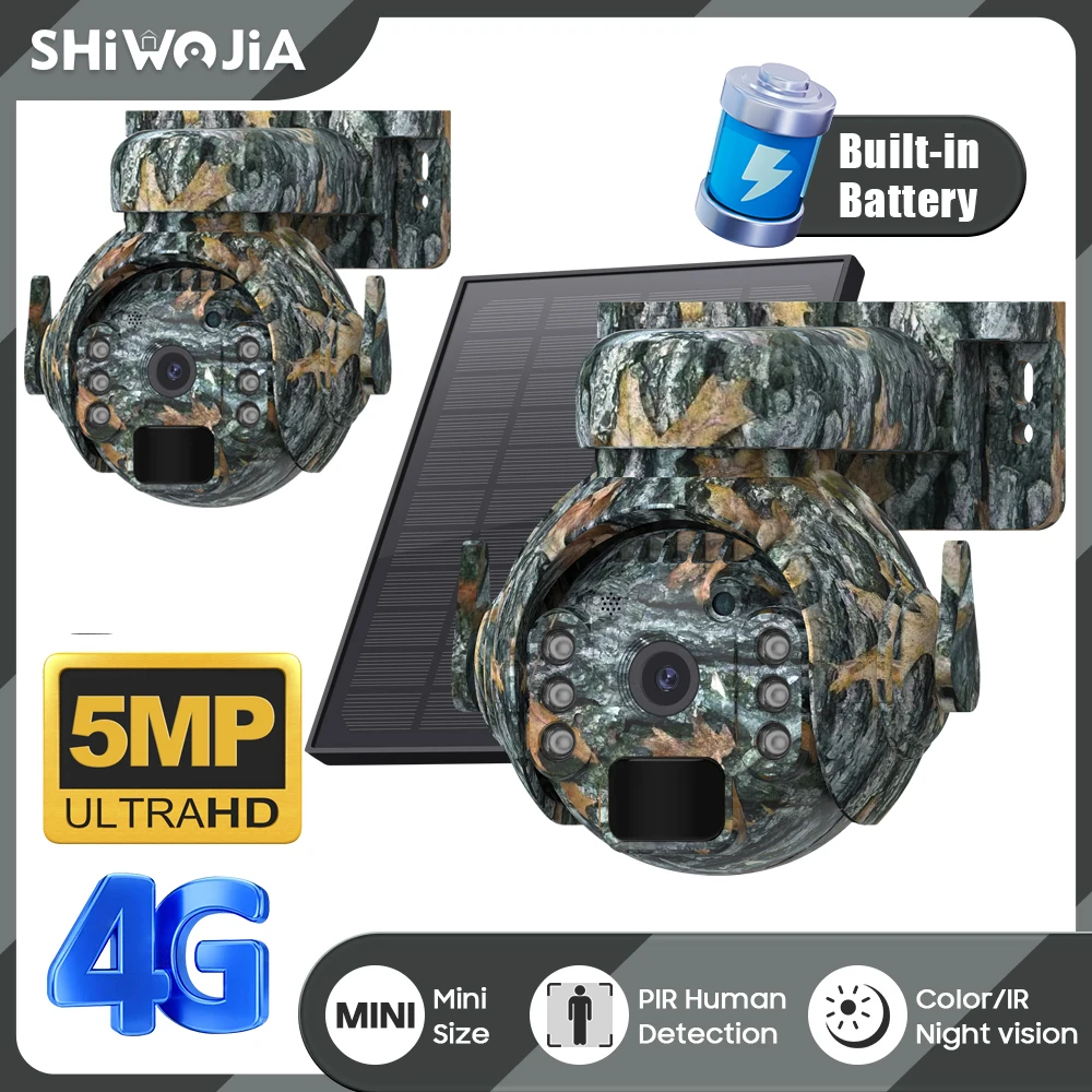SHIWOJIA 5MP 4G Słoneczne kamery bezpieczeństwa WIFI Bezprzewodowe zewnętrzne 2K 360 °   Przeglądaj kamerę PTZ z akumulatorem w kolorze kamuflażu do monitorowania zwierząt