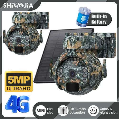 SHIWOJIA 5MP 4G Cámaras de seguridad solares WIFI inalámbrico al aire libre 2K 360 °   Ver la cámara PTZ con batería en color camuflaje para monitoreo de animales