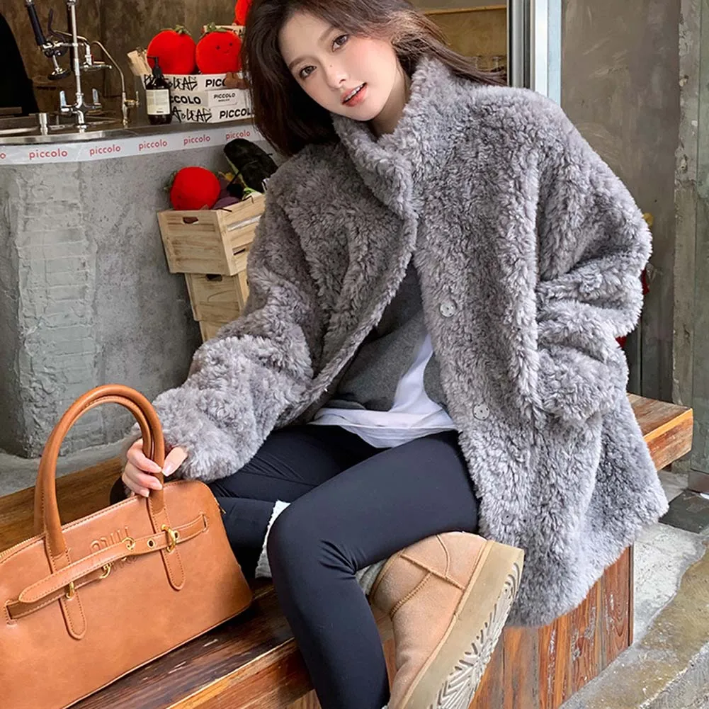 سترة نسائية من فراء الضأن الراقية متعددة الاستخدامات للنساء للخريف والشتاء سترة من فراء الضأن بأزرار فضفاضة #3