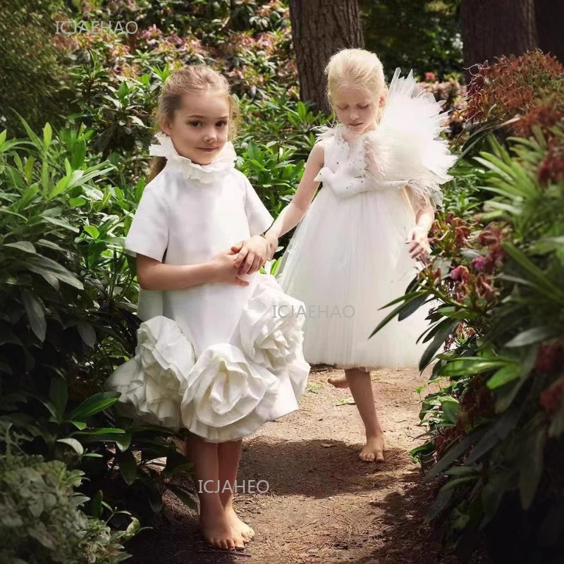 

Вечернее платье с белым цветком для девочек, пышное платье принцессы для фортепиано, детское платье для дня рождения, вечерние платья для детей