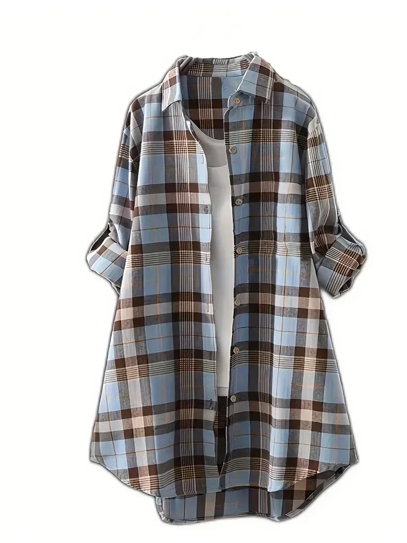 New Plus Size 1XL-5XL Women’s Fashion Plaid Print Shirt Ladies Casual Button Shirt Loose Casul Shirt Long Sleeved Mixed Color