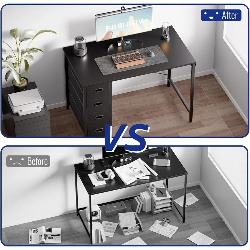 40 Inch Modern Computer Desk with 4 Drawers - Small Home Office Desk for Bedroom Study Writing in Pink