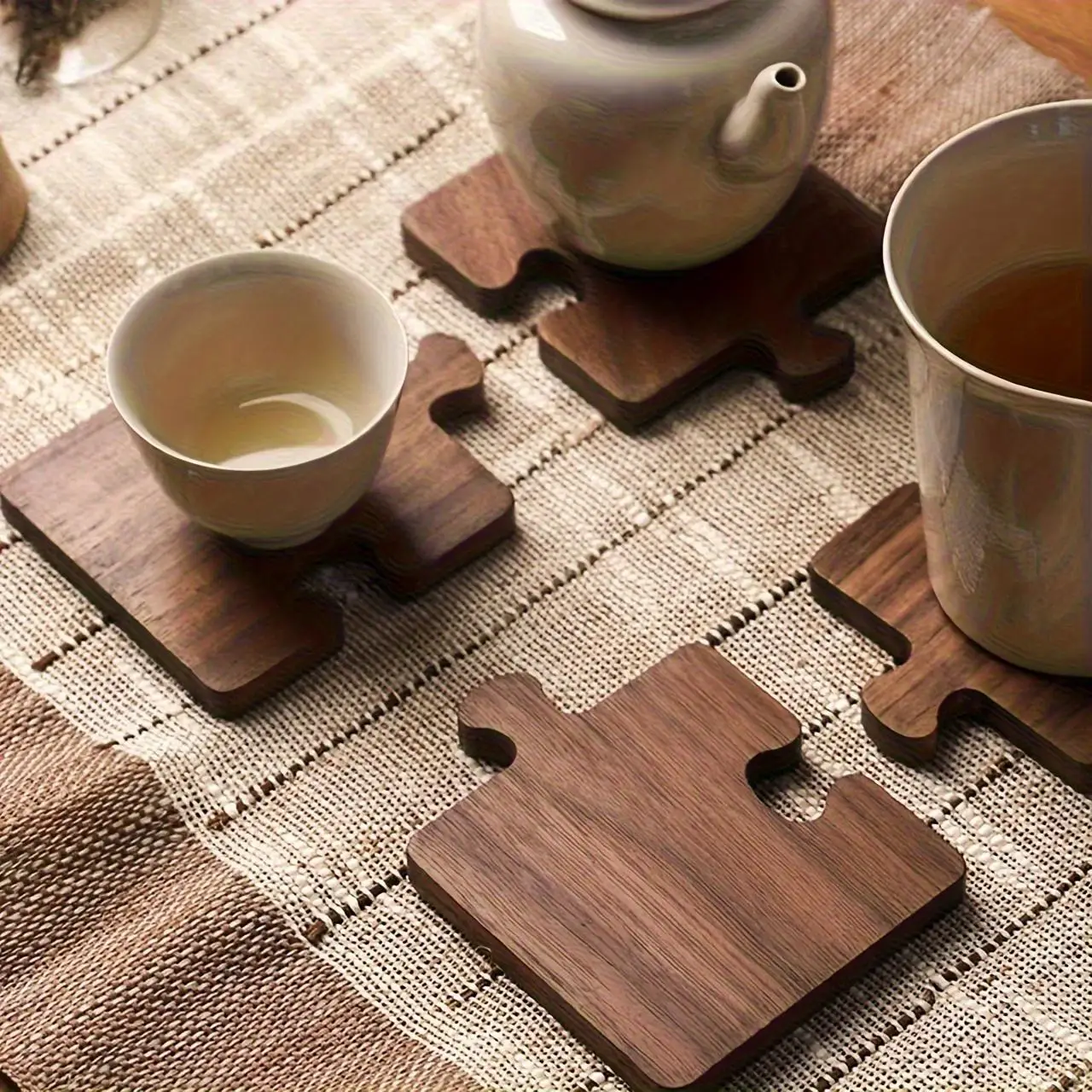 Vintage Wooden Puzzle Coaster Set, Bar Table Atmosphere Decorative Insulation Pad, Christmas Decoration, Wood Material