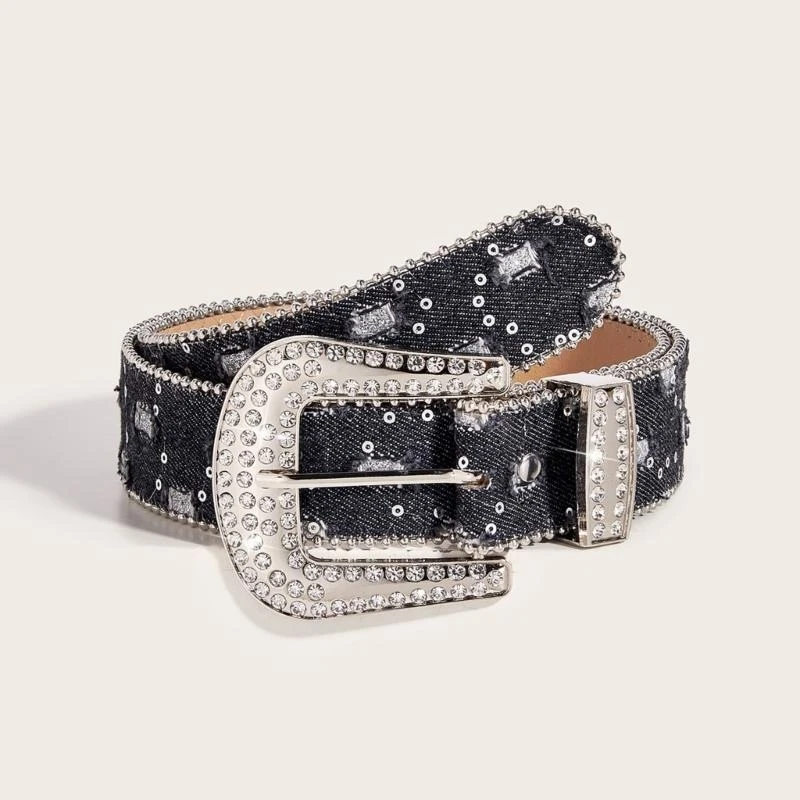 

652F Distressed Waist Belt for Jean Rock and Roll Hip Hop Studded Belt Waistband Glinting Buckle with Encrusted Rhinestones
