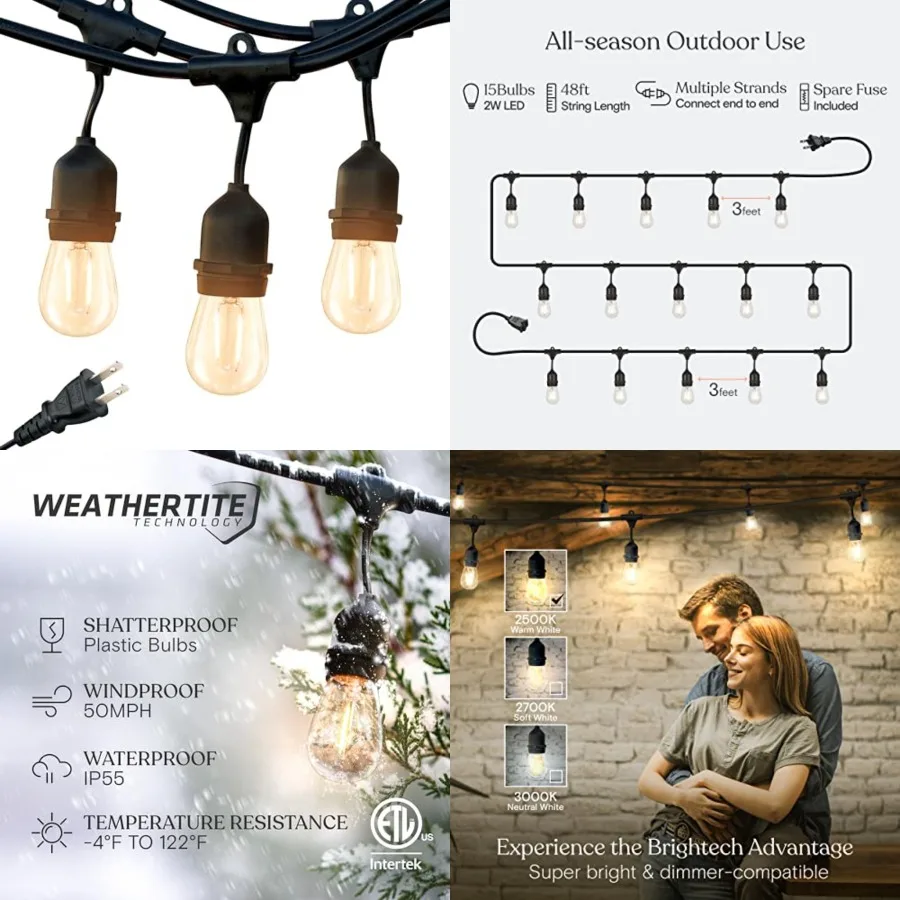 

Ambience Pro - Waterproof LED Outdoor String Lights - 15 Hanging, Dimmable 2W Vintage Edison Bulbs Commercial Grade Patio Light