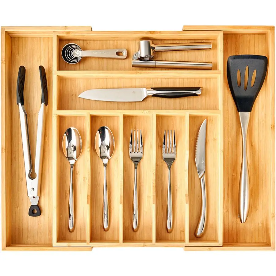 

Large Expandable Kitchen Silverware Utensils Drawer Organizer, 2.5 Extra High Adjustable Drawer Divider with Curved Grooves, Bam
