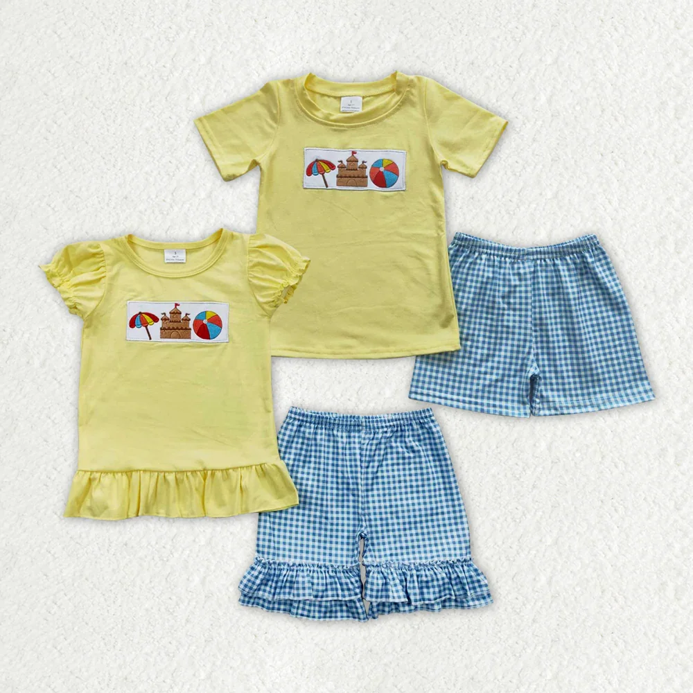 

BSSO0248 Wholesale baby boy clothes Embroidered beach Short Sleeve Shorts sets Summer Boutique kids clothes girl sets