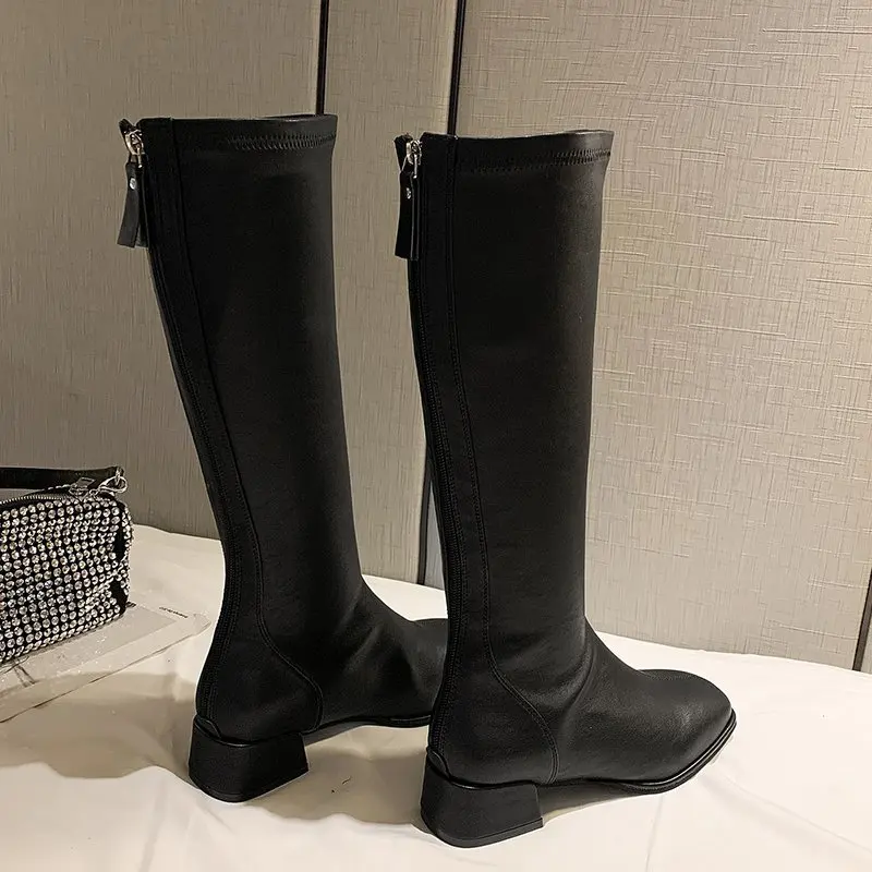 

2022 Women Knee High Boots Female Leather Knight Boots Plus Size 43 Booties Lady Low 4cm High Heels White Autumn Shoes women