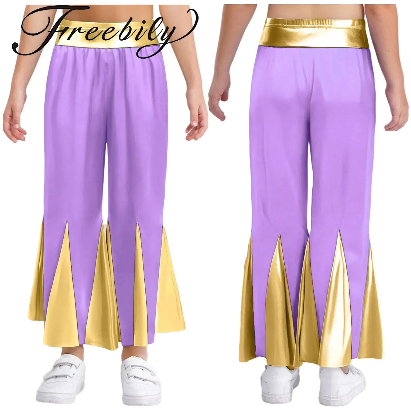 

Kids Girls Liturgical Worship Pants Choir Performance Costume Metallic Color Block Bell-Bottomed Dance Pants