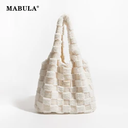 MABULA Plaid Faux Fur Tote Bag Brand Designer Plush Furry Winter Women's Casual Handbag Elegant Checkered Shoulder Purse