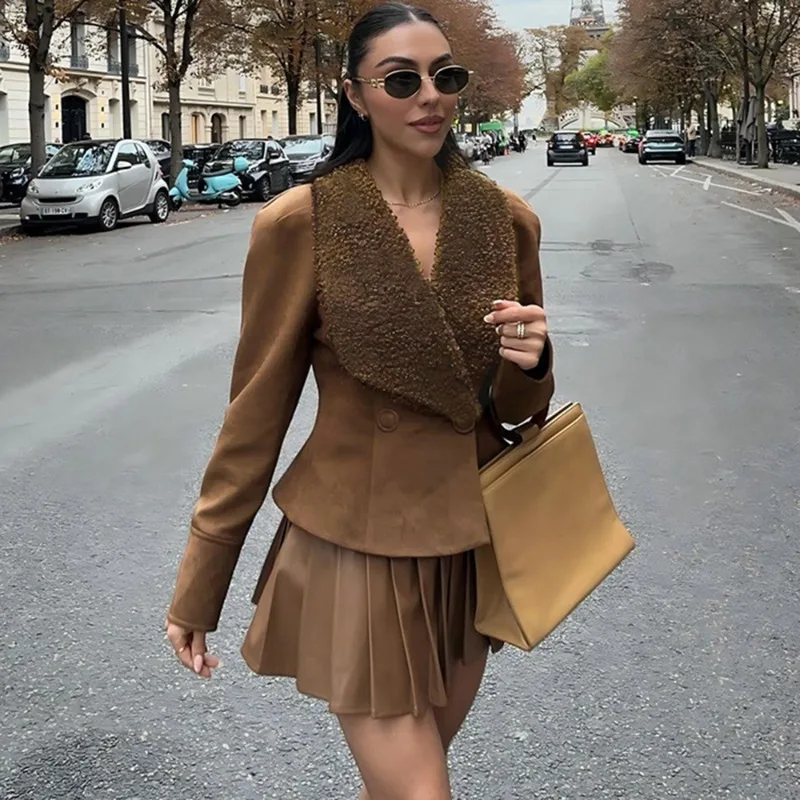 

Talenza Autumn Winter Women's Coat Fashion Faux Fur Patchwork New Warm Jacket 2026 Vintage Lapel Slim High-Street Female Outwear