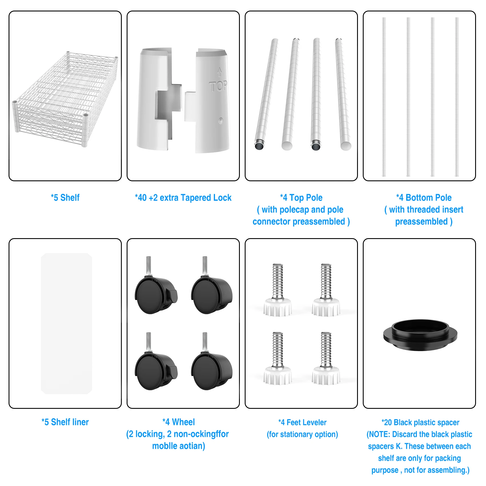 NSF Authentication Adjustable Carbon Steel Wire Shelves, 5-Layer Shelf Unit, Wheel Storage Rack, Suitable for Living Room, 5PCs