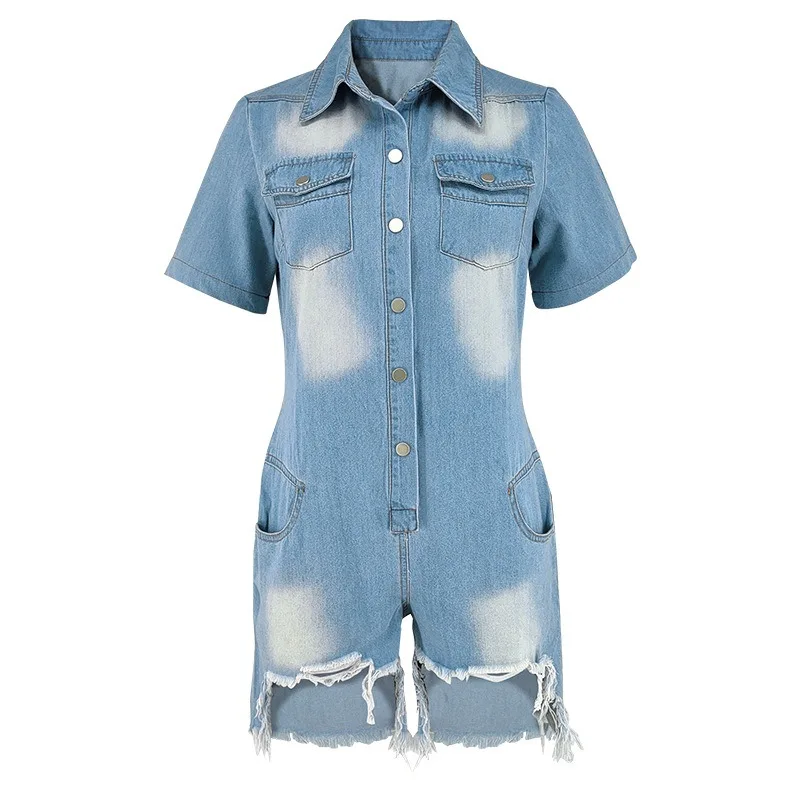 Benuynffy Casual Half Button Washed Denim Jumpsuit Romper Dames Streetwear Vintage Korte Mouw Losse Omzoomde Zoom Jean Rompertjes